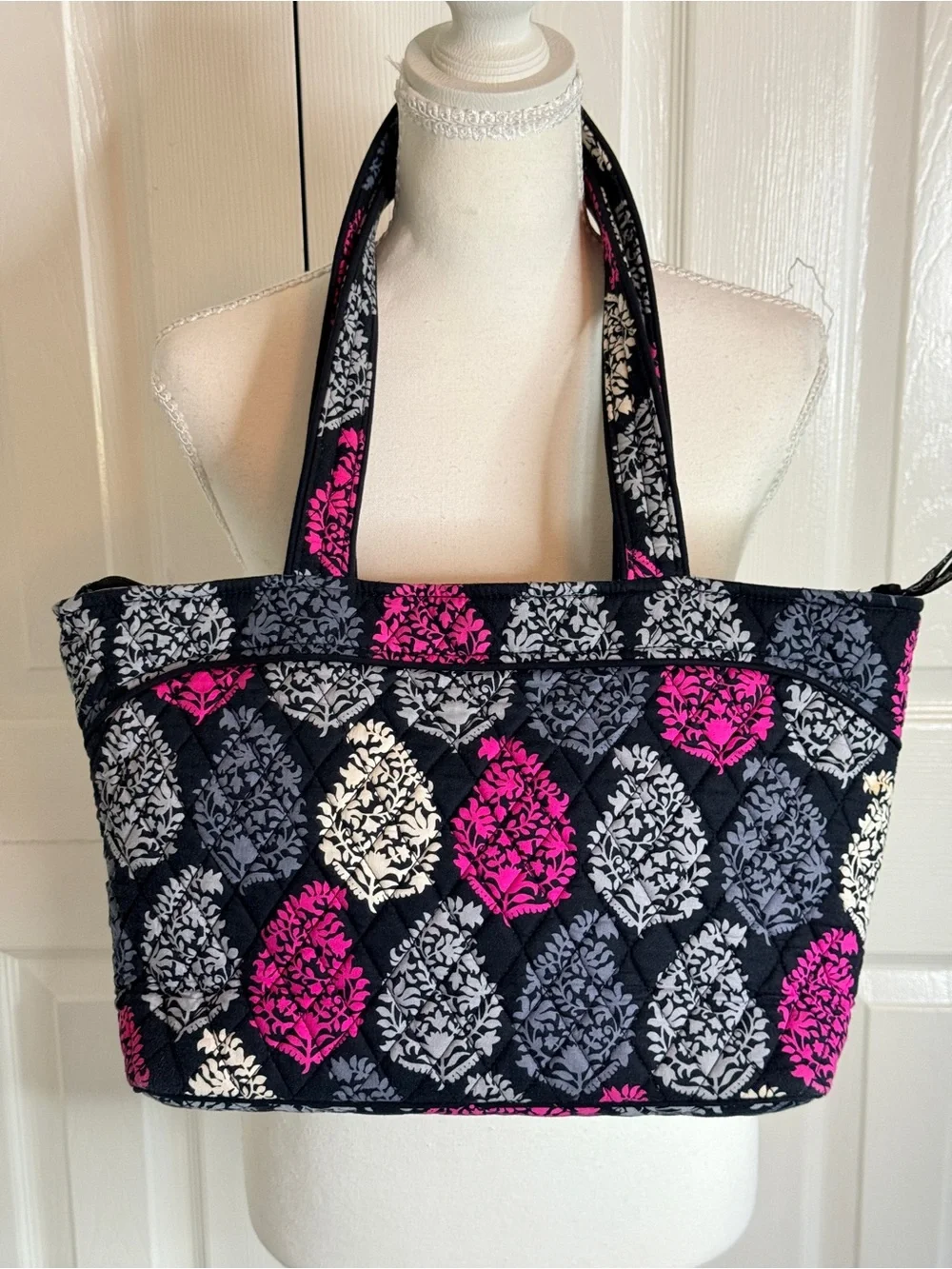 Vera Bradley Tote Shoulder Bag Northern Lights Black Pink Leaf Print Cotton